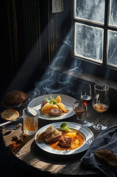 Exquisite gourmet plate garnished with frothy texture and vibrant green accents, accompanied by a glass of amber wine, all set against a dark, rustic backdrop with soft beams of light cutting of smoke
