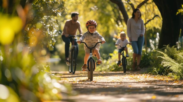 Child in a helmet joyfully riding a bicycle with family in a sunlit park