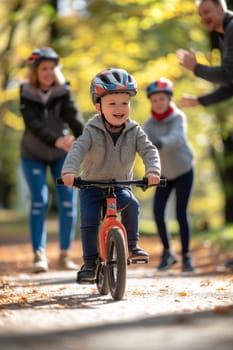 Smiling young boy cycles confidently on a pathway lined with fall foliage, with his family encouraging him from behind