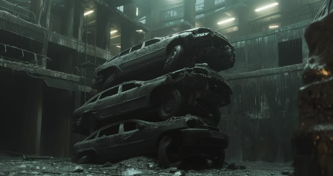 Dark, atmospheric stack of crushed cars in a desolate industrial setting