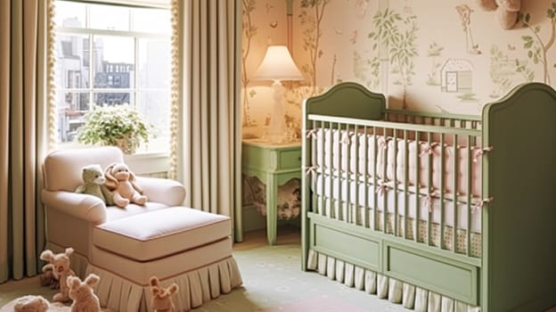 Nursery decor, pastel interior design and children home decor, baby room crib bed and country furniture, English countryside house style interiors