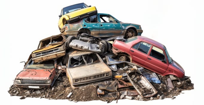 Pile of various damaged cars stacked against a clean white background for contrast