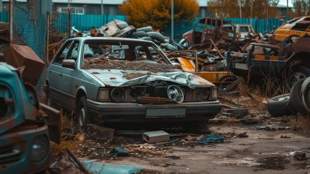 Wrecked and rusted cars pile up in a cluttered junkyard, showcasing neglect and decay