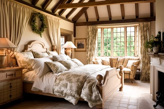 Bedroom decor, interior design and holiday rental, classic bed with elegant plush bedding and furniture, English country house and cottage style idea