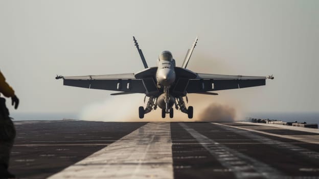 Fighter jet with afterburners igniting takes off from aircraft carrier at dusk