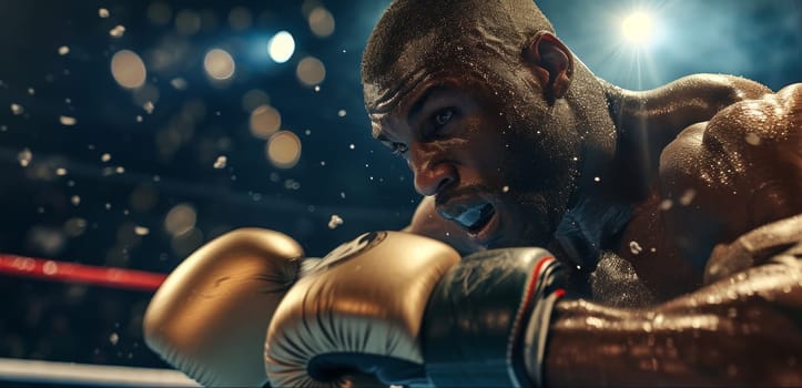 Boxer with an intense stare, ready to strike, under the bright lights of the ring