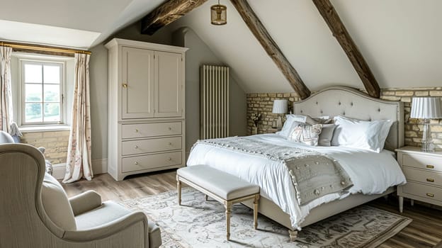 Cotswolds cottage style bedroom decor, interior design and home decor, bed with elegant bedding and bespoke furniture, English countryside house or holiday rental