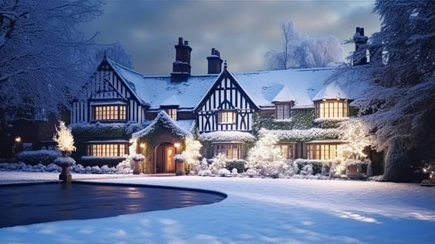 Christmas in the countryside manor, English country house mansion decorated for holidays on a snowy winter evening with snow and holiday lights, Merry Christmas and Happy Holidays design