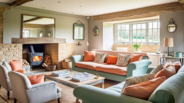 Modern cottage sitting room, living room interior design and country house home decor, sofa and lounge furniture, English Cotswolds countryside style interiors