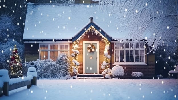 Christmas in the countryside, cottage and garden decorated for holidays on a snowy winter evening with snow and holiday lights, English country styling inspiration