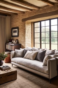 Cottage living room decor, sitting room and interior design, antique furniture, sofa and home decor in English country house and elegant farmhouse style idea