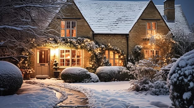 Christmas in the countryside, cottage and garden decorated for holidays on a snowy winter evening with snow and holiday lights, English country styling inspiration