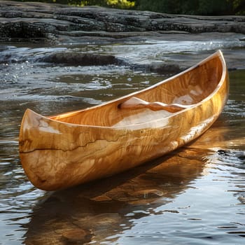 A wooden canoe gracefully glides across the tranquil surface of a serene lake, blending in with the surrounding tall trees and lush green plants