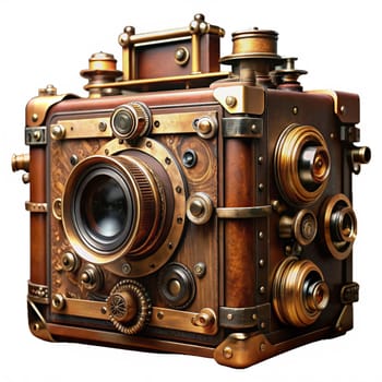 Fantastic unreal camera in steampunk style, on a white background. AI generated. High quality photo