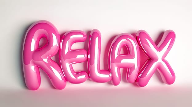 The word "relax" is written in pink letters on a white background. The pink letters are shaped like balloons, giving the word a fun and playful appearance. Concept of relaxation and leisure. Generative AI