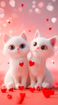 Two white cats are sitting next to each other on a red background with hearts scattered around them. The cats are looking at the camera with their eyes wide open. Generative AI
