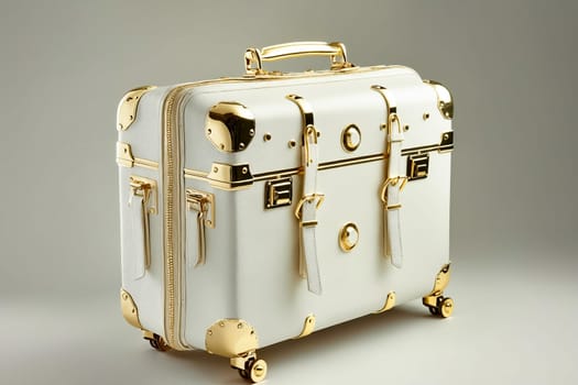 A white suitcase with gold accents sits on a white background. The suitcase is large and has a gold handle. Concept of luxury and elegance. Generative AI