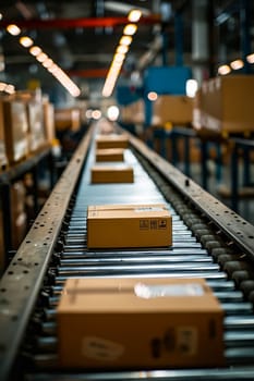 A conveyor belt with boxes on it. The boxes are brown and have a sticker on them. Generative AI