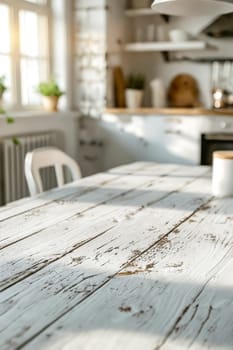 A wooden table with a chair in front of it. The kitchen is clean and well-lit. Generative AI