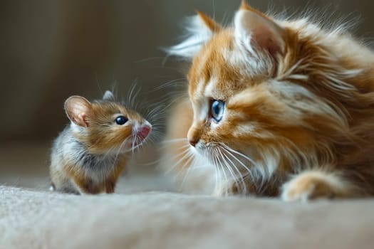 A cat and a mouse are standing next to each other. The cat is looking at the mouse with a curious expression. Generative AI