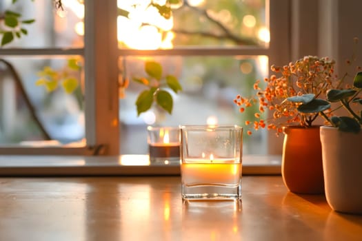 A candle is lit in a glass on a table next to a potted plant. The scene is warm and inviting, with the candle providing a soft glow. Generative AI