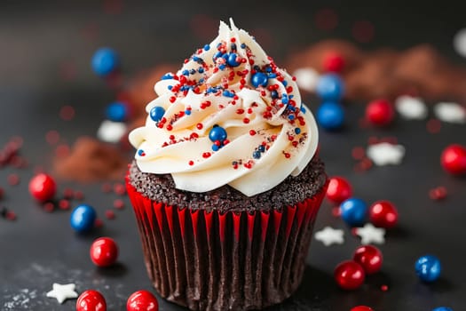 A cupcake with red, white and blue sprinkles on top. The sprinkles are in the shape of stars. Generative AI