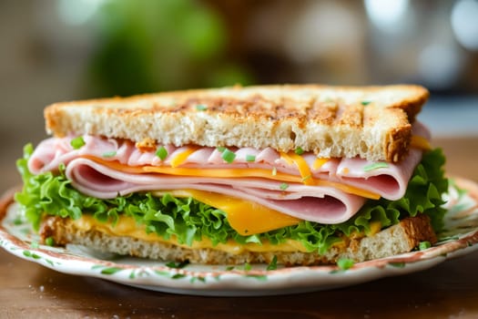 A sandwich with ham, cheese, and lettuce on a white plate. The sandwich is cut in half and placed on a wooden table. Generative AI