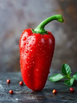 A red pepper is sitting on a table with some pepper flakes. The pepper is wet and has a green stem. Generative AI