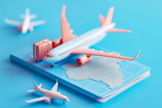 A small model airplane sits on top of a blue passport with a map of the world. The airplane is surrounded by luggage, including a suitcase and a backpack. The scene conveys the excitement. Generative AI