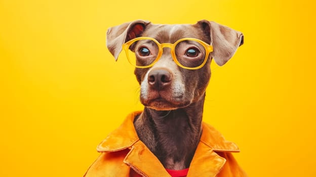 A dog wearing glasses and an orange jacket. The dog is looking at the camera. The image has a playful and lighthearted mood. Generative AI