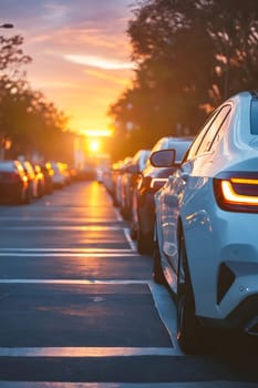 A white car is parked in a parking lot with other cars. The sun is setting, casting a warm glow on the scene. Generative AI