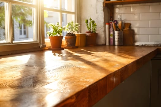 A wooden counter top with potted plants on it. The plants are in various sizes and are placed in different spots on the counter. Generative AI