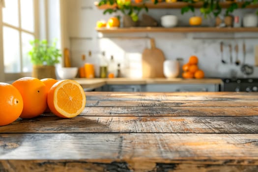 A table with a few oranges on it and a knife. The table is wooden and has a light color. Generative AI
