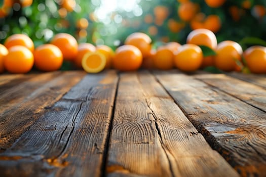 A wooden table with a bunch of oranges on it. The oranges are in different positions and sizes, and some are on the table while others are on the ground. The table is surrounded by a green background. Generative AI