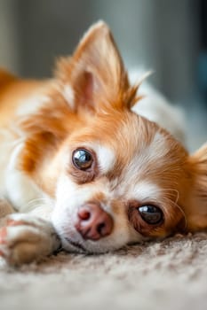 A small brown and white dog is laying on a carpet. The dog has brown eyes and a pink nose. Generative AI