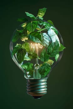 A light bulb is surrounded by green leaves. Concept of growth and life, as the leaves are thriving in the light of the bulb. Generative AI