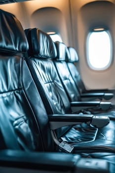 A row of black leather airplane seats. The seats are arranged in a row, with the first seat on the left and the last seat on the right. The seats are all facing forward. Generative AI