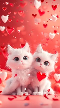 Two white cats are sitting on a red background with hearts scattered around them. The cats are holding a heart in their mouths, giving the impression of a romantic scene. Generative AI
