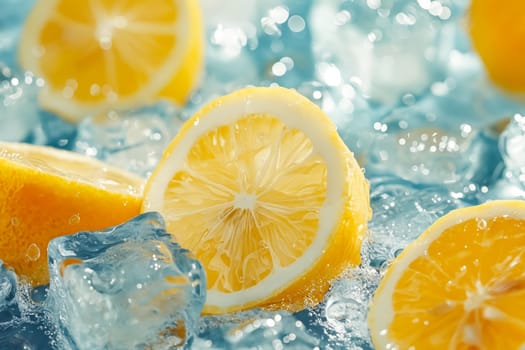 A close up of a lemon with its peel still on it. The lemon is sitting on top of a blue ice cube. Generative AI