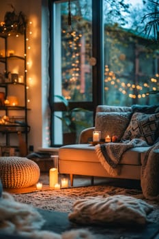 A cozy living room with a couch, a rug, and a potted plant. The room is lit by candles and has a warm, inviting atmosphere. Generative AI