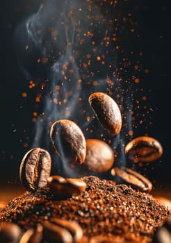 A close up of coffee beans falling from the sky. Concept of warmth and comfort, as the coffee beans are a symbol of a hot beverage that people often enjoy. Generative AI