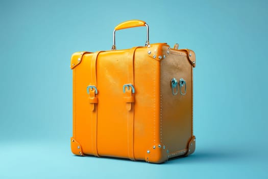 A bright orange suitcase sits on a blue background. The suitcase is large and has a shiny, metallic handle. Generative AI
