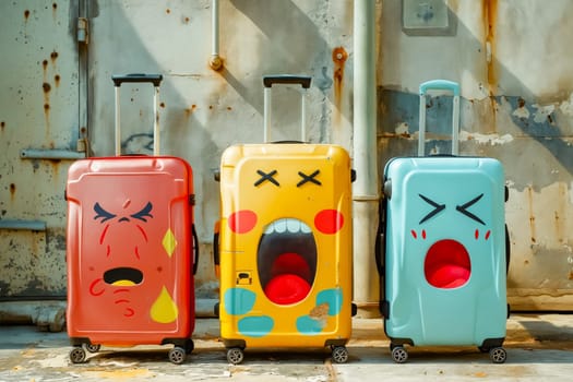 Three suitcases with faces painted on them, one of which has an angry face. The suitcases are placed on a concrete wall, with one on the left, one in the middle, and one on the right. Generative AI