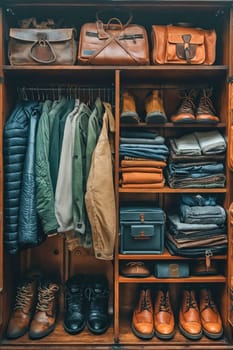 A closet full of clothes and shoes, with a brown box in the middle. Generative AI