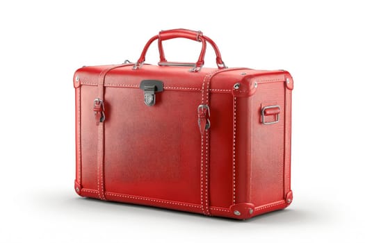 A red suitcase with a gold handle sits on a white background. Generative AI