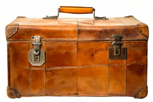 A brown leather suitcase with a gold handle sits on a white background. The suitcase is old and worn, with a few scratches and dents. The suitcase appears to be a vintage piece. Generative AI