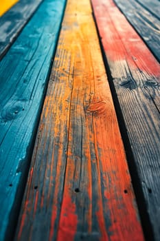A photo of a wooden board with a rainbow of colors. The colors are red, orange, yellow, green, and blue. The board is painted with a pattern of stripes. Generative AI