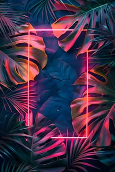 An electric blue neon frame is surrounded by tropical leaves on a dark background, creating an artistic pattern of purple, pink, and magenta hues inspired by nature