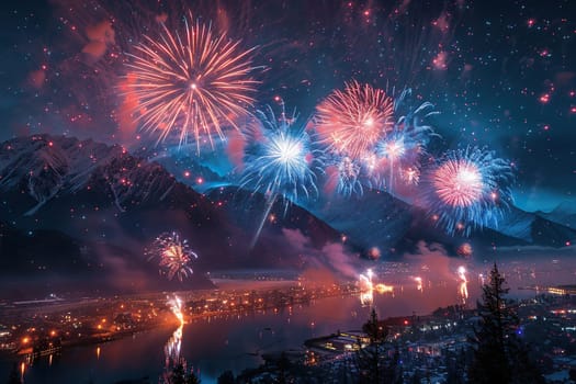 Colorful fireworks over the city and river in the mountains. Holiday celebration background.