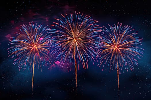 Three powerful colorful fireworks in a cramped space. Horizontal holiday background.